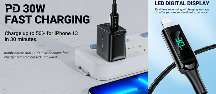 Acefast USB-C to Lightning charging data cable with display