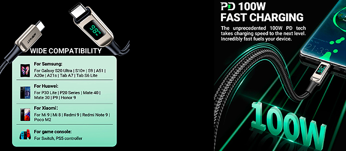 Acefast USB-C to USB-C 100W charging data cable with display