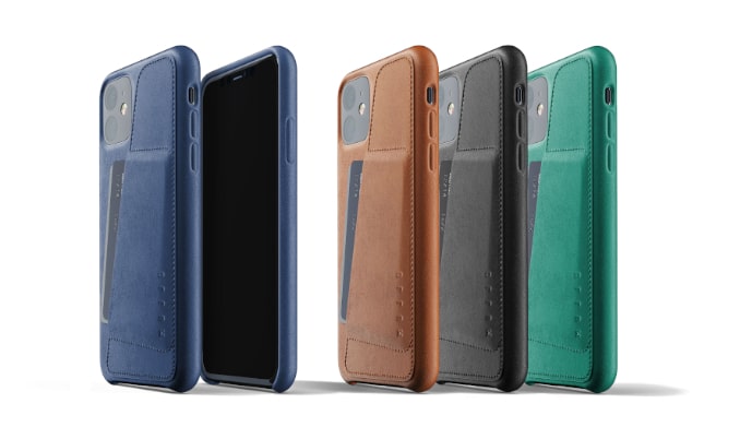 MUJJO Full Leather Wallet Case pro iPhone 11 Pro - kožený kryt na iPhone 11 Pro v modré, černé, zelené a hnědožluté barvě s našitou kapsou na doklady